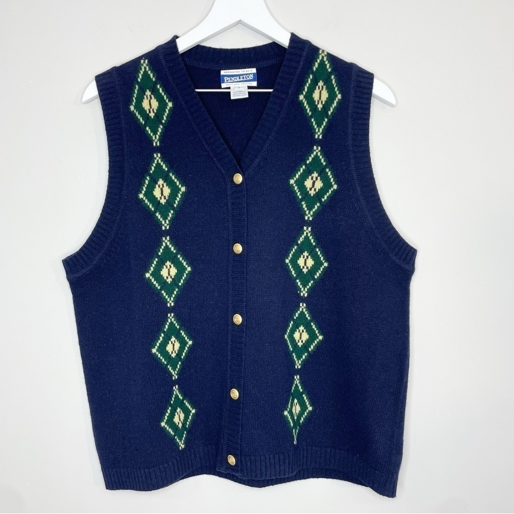 Vintage Pendleton Lambswool Blue Green Argyle Sweater Vest Size Large